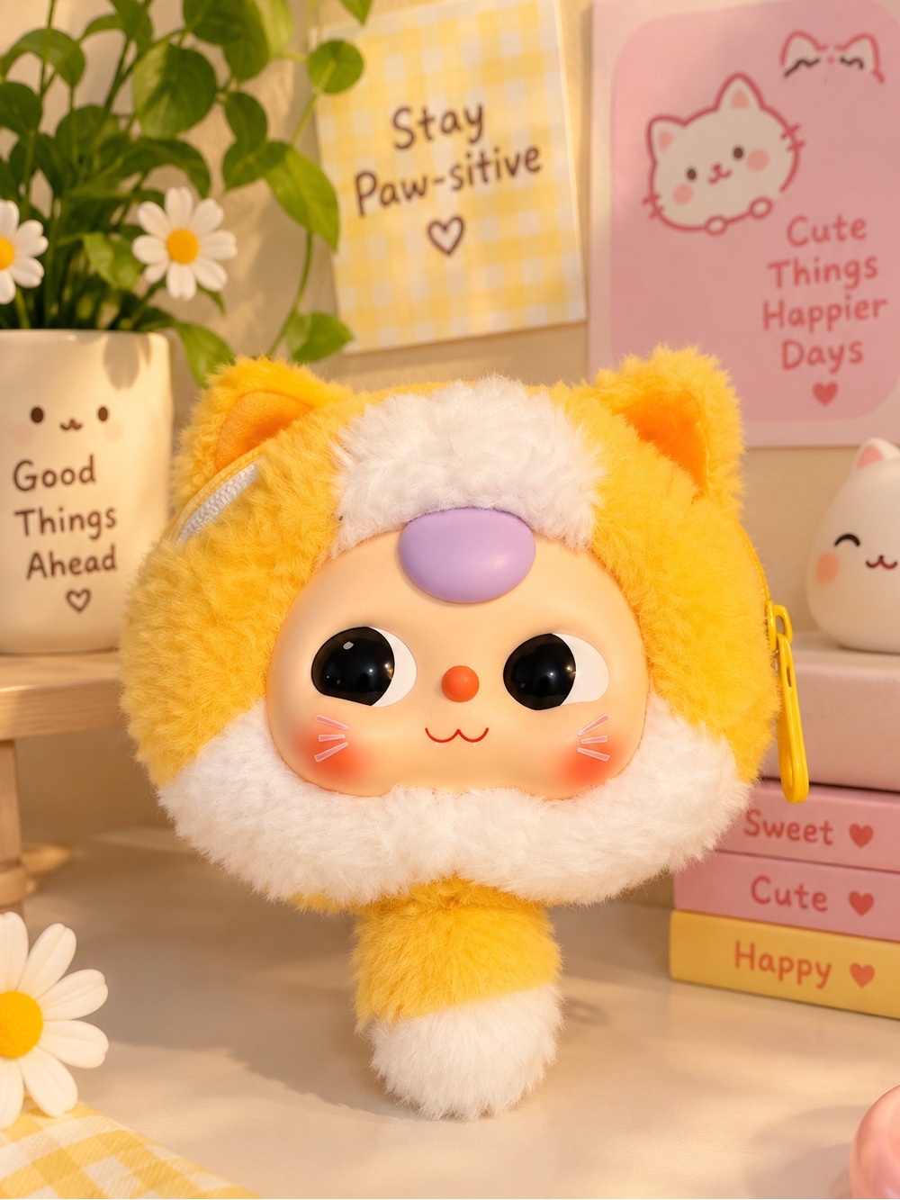 Baby three Plush Cat Face wallet - Yellow and White